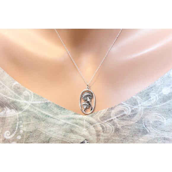 Sterling Silver Agaric Mushroom Charm Oval Necklace, Agaric Mushroom Necklace - Picture 2 of 3